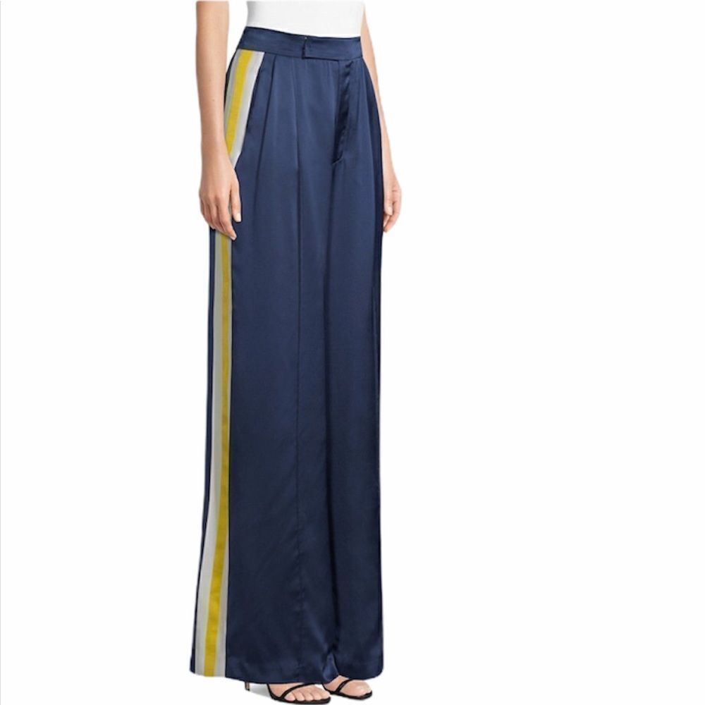 ALEXIS Blue Nicoli Wide Leg Silk Puddle Hem Trouser Pants New Size Large